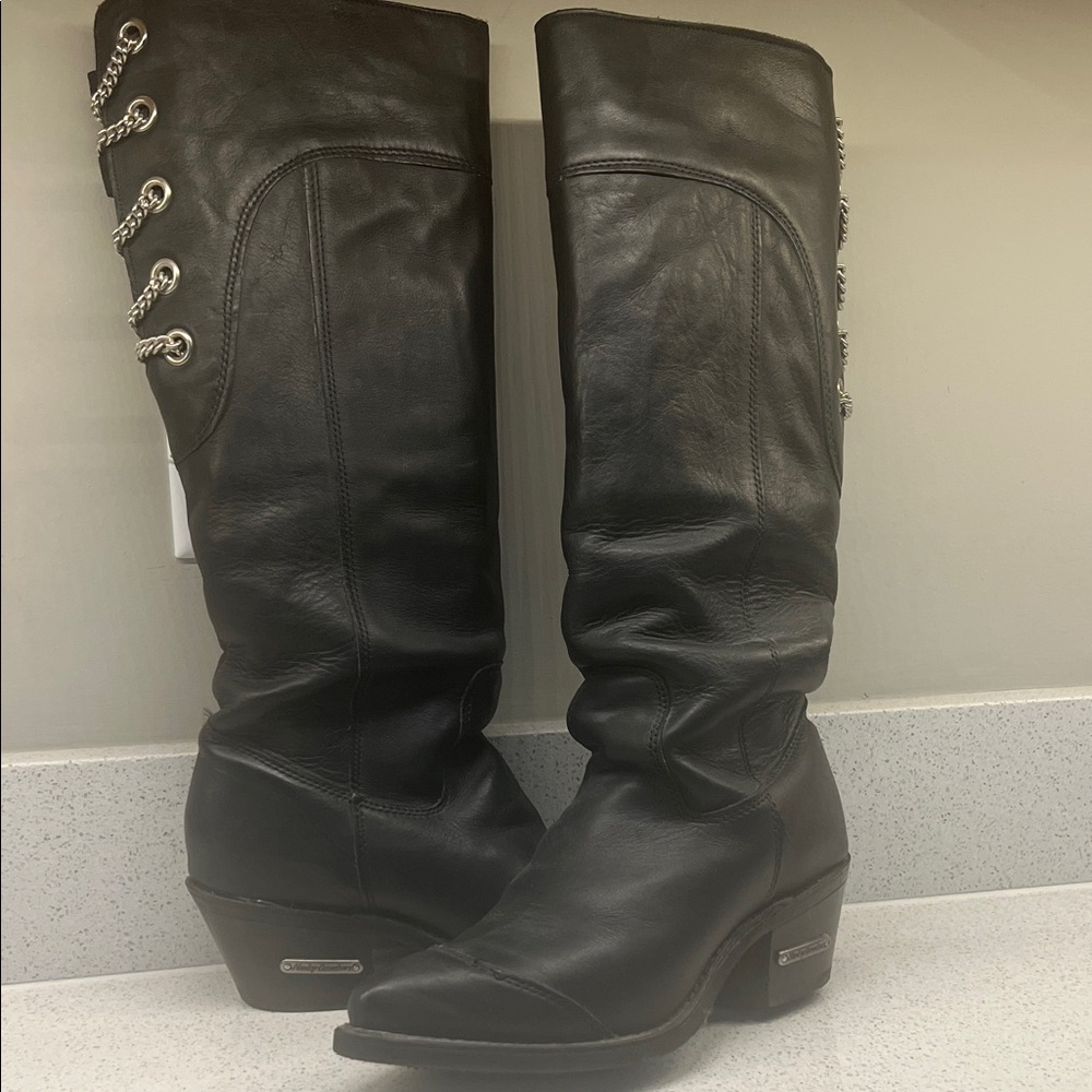 Harley-Davidson Black Heeled Leather Boots with Chain Detail